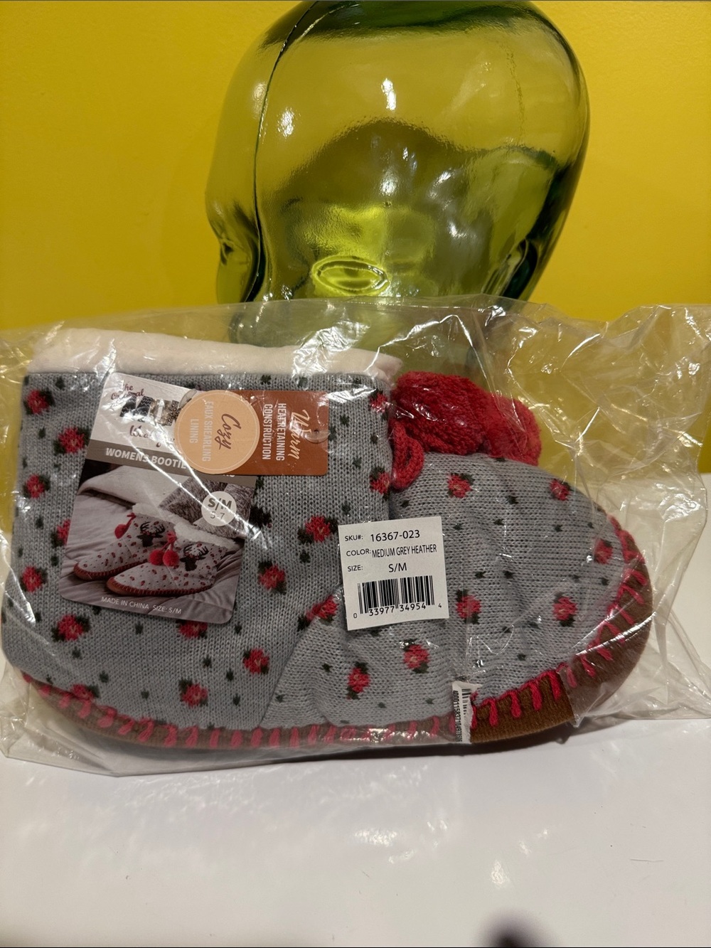 Muk Luks Grey Heather Knit Kids Slipper Booties with Pink Floral Accents